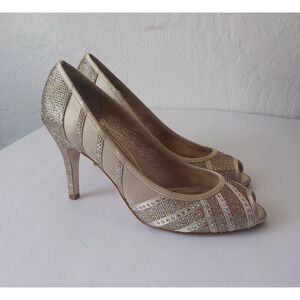 Adrianna Papell Satin Beige Glitter Stud Peep Toe Pumps Shoes Women 8.5M Leather